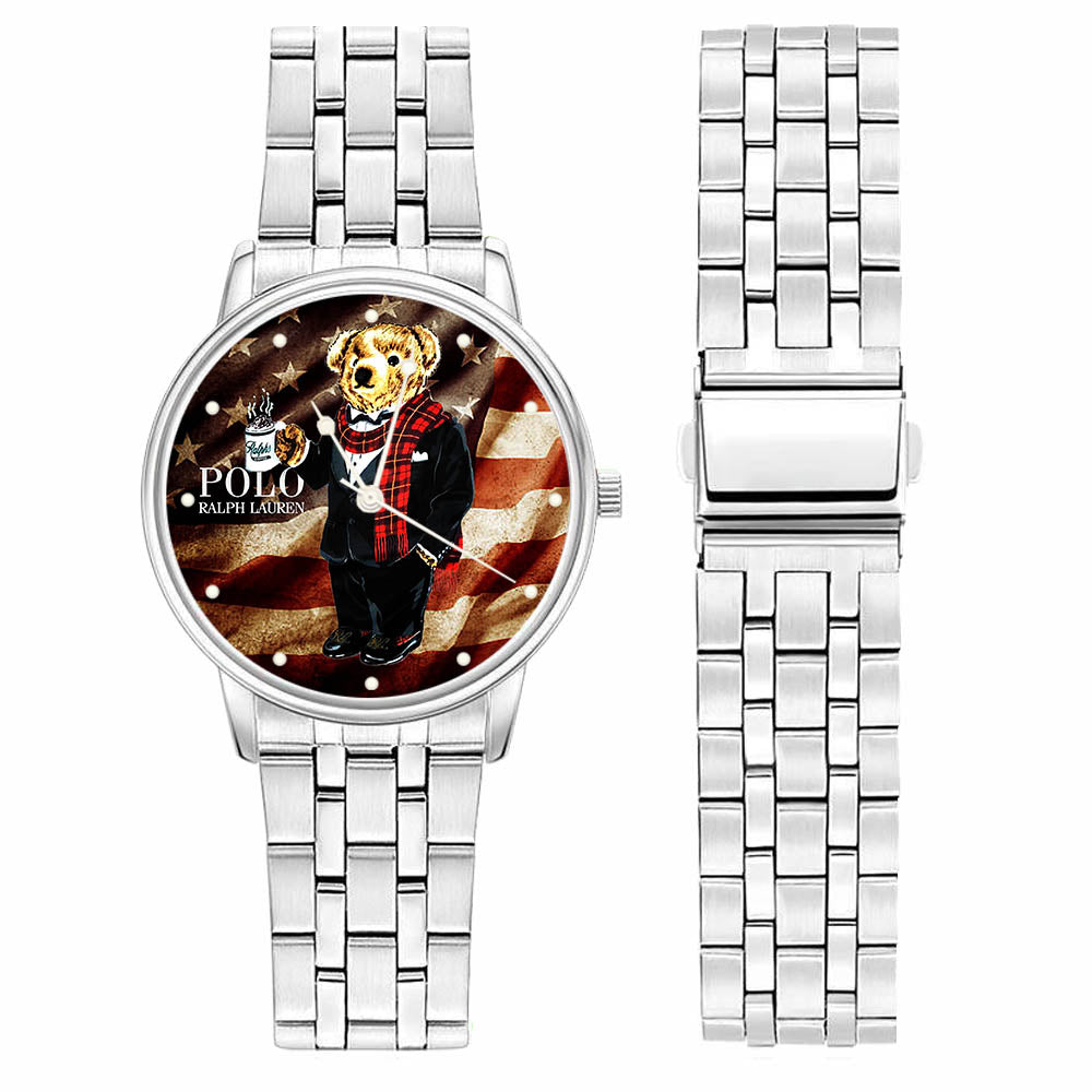 Polo Bear Vtg American Flag Ralph Coffe Sport Metal Watch AS87