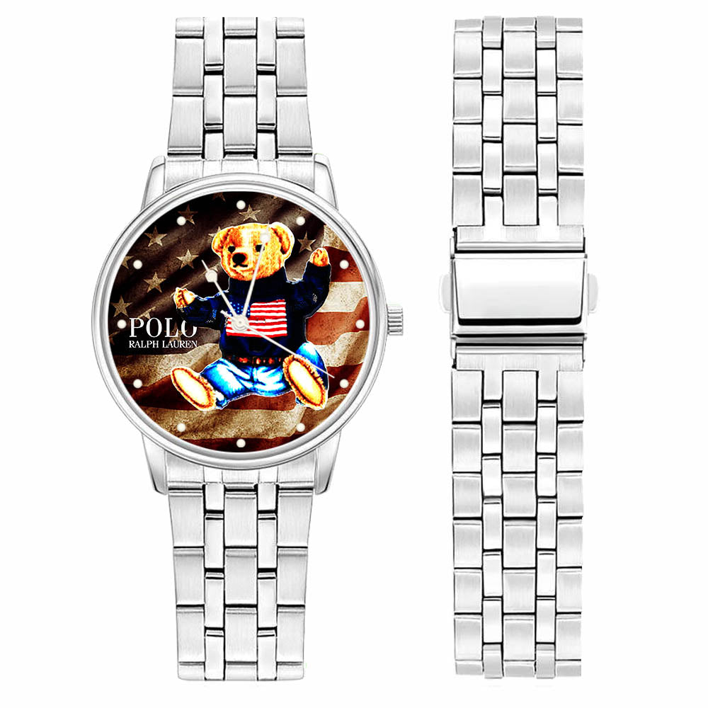 Polo Teddy Bear Sitting American Flag Vtg Sport Metal Watch AS88